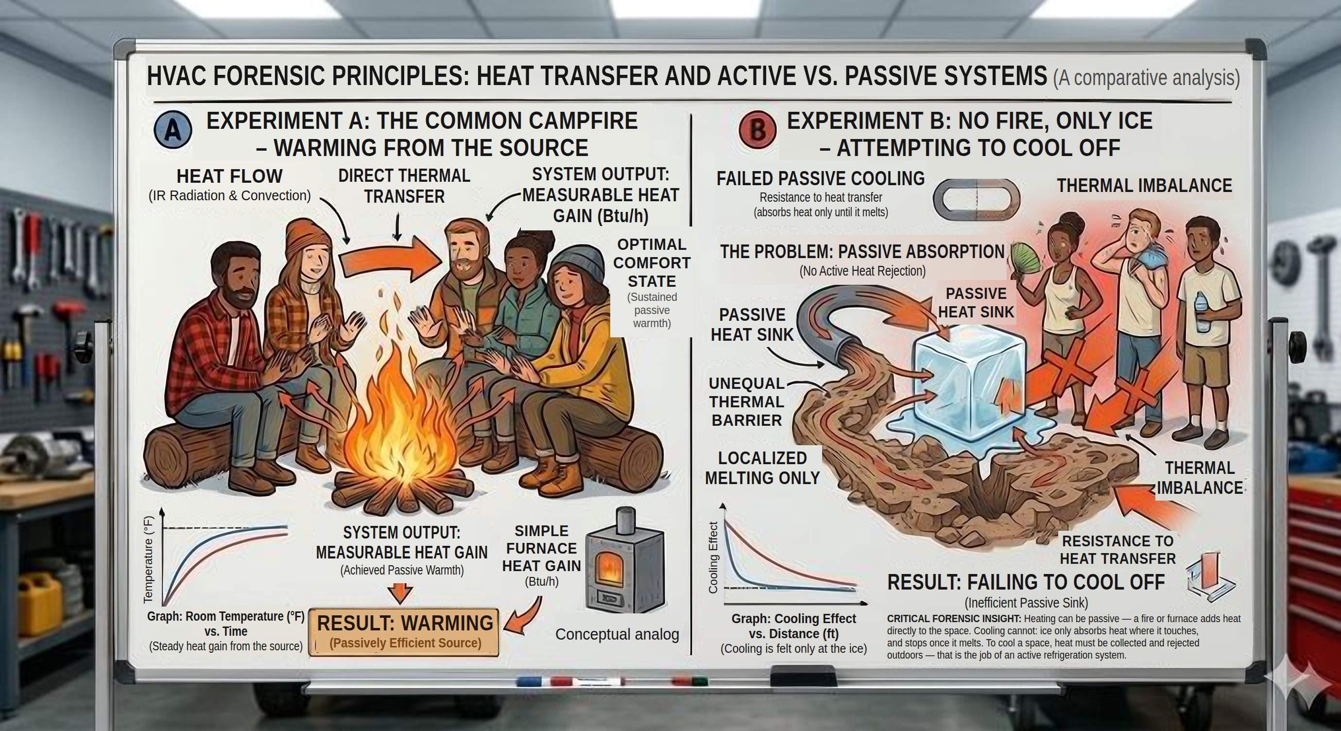Experiment A: warming from a campfire. Experiment B: failing to cool with a block of ice.