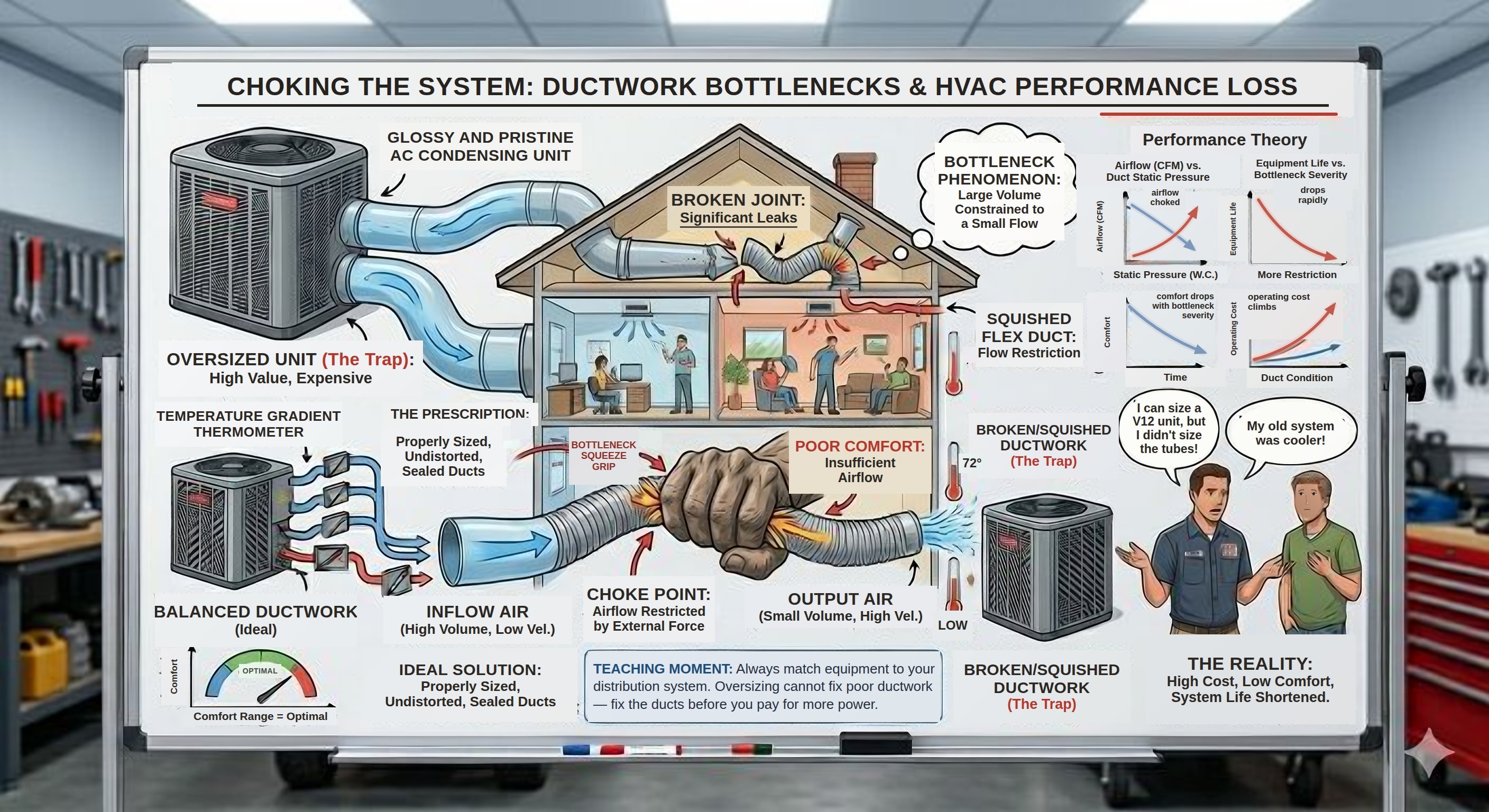 Choking the System — ductwork bottlenecks, kinked flex, leaky joints, and the airflow restriction they create
