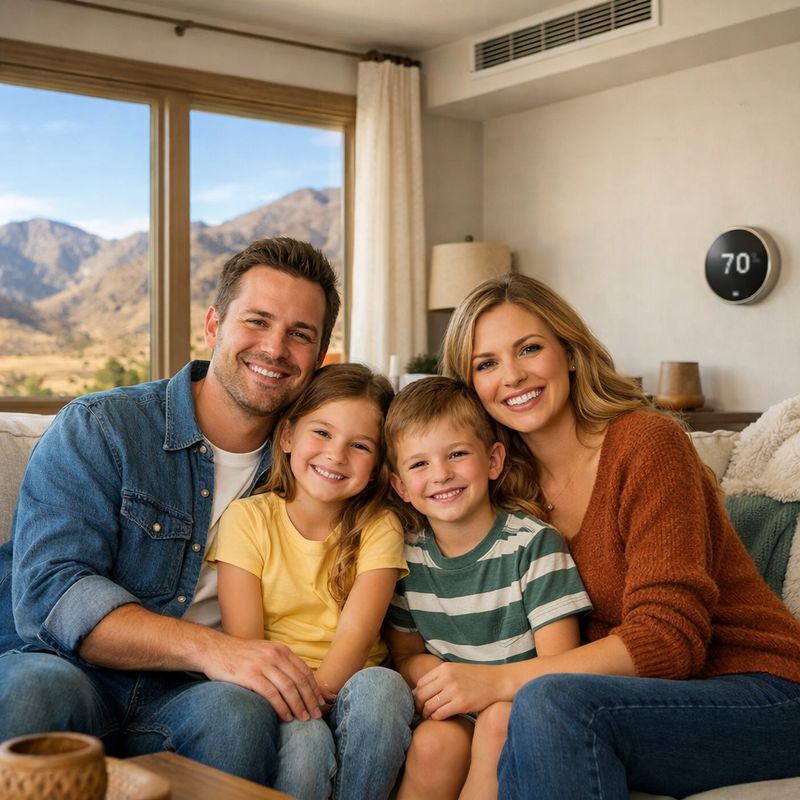 Happy family enjoying consistent comfort in their Utah home with mountains visible through the window and thermostat set to 70°F