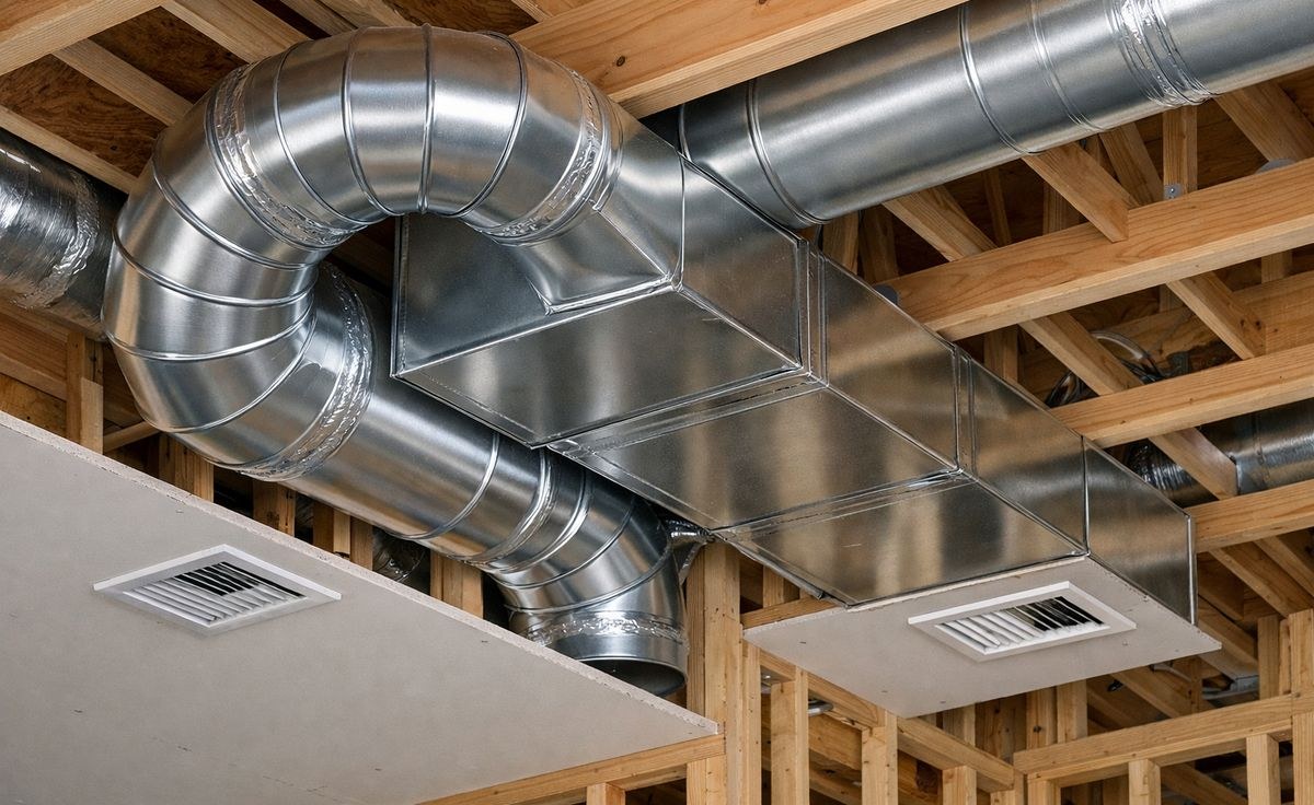 Clean, professional ductwork properly installed in new construction framing