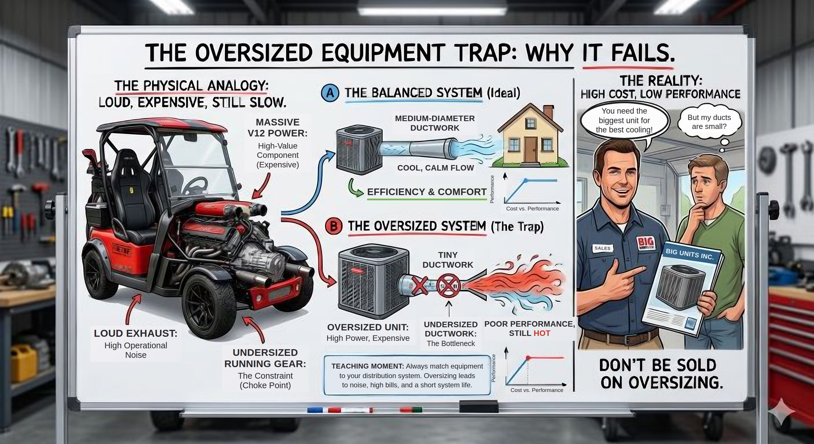 The Oversized Equipment Trap — why bigger units paired with small ducts fail