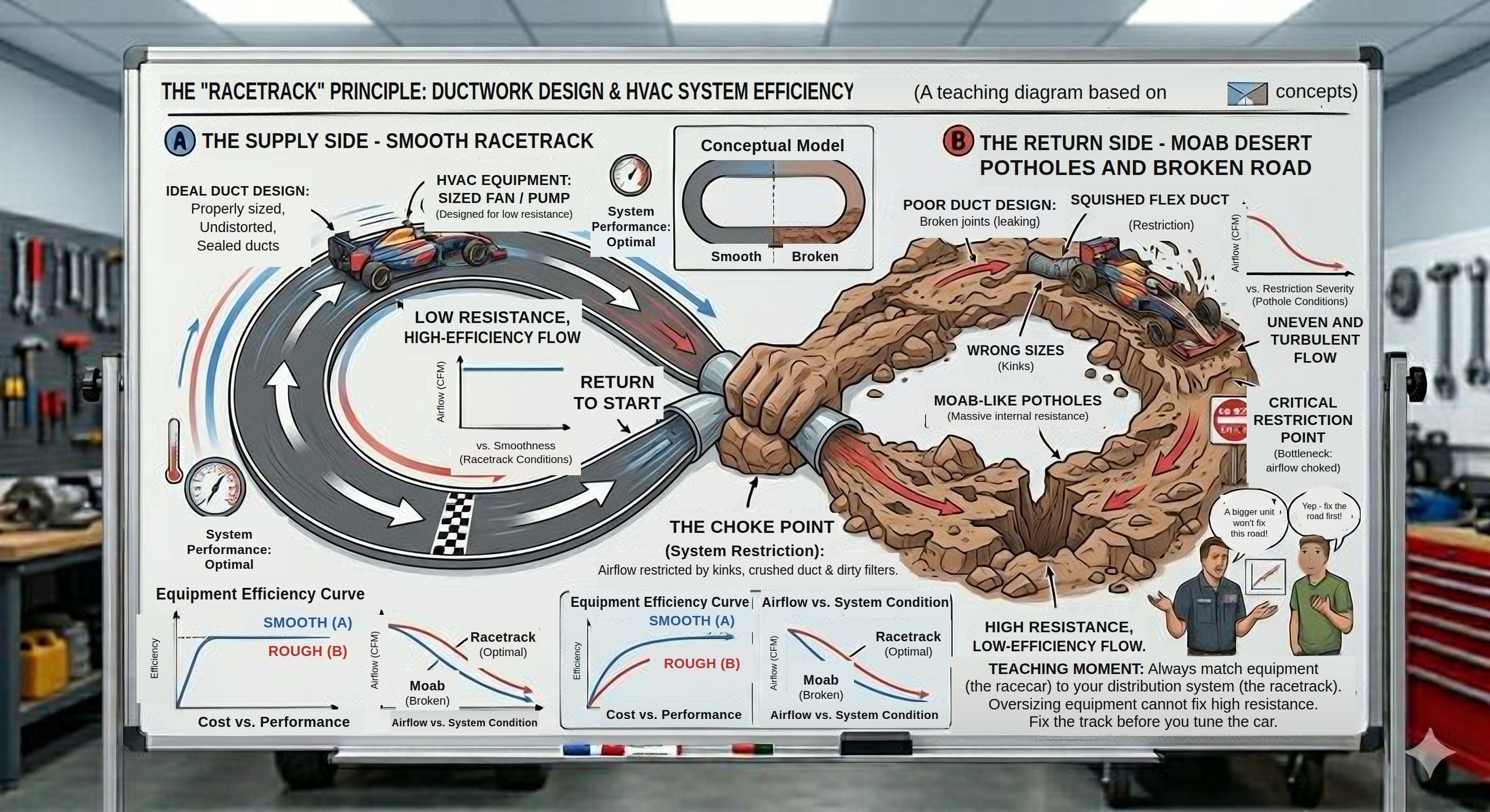 The Racetrack Principle — smooth supply side vs. potholed return side, and why the system performs only as well as the track