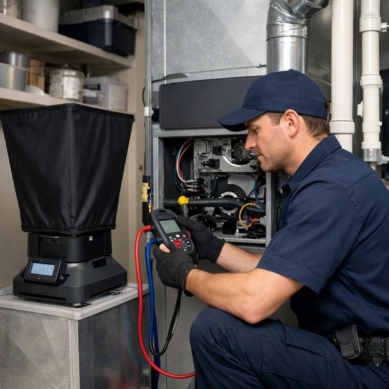 HVAC technician using a flow hood and manometer to diagnose furnace performance